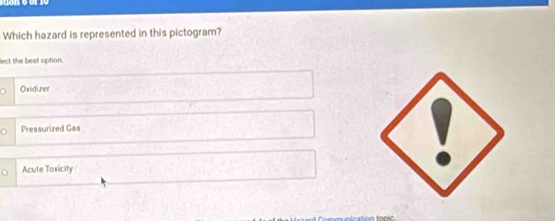 Which hazard is represented in this pictogram?
lect the best option.
Oxidizer
Pressurized Gas
Acute Toxicity
Communication topic