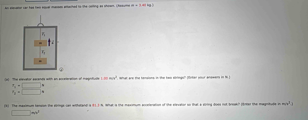 Solved: An elevator car has two equal masses attached to the ceiling as ...
