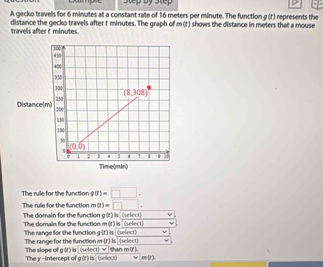 Exampr Step by Step
A gecko travels for 6 minutes at a constant rate of 16 meters per minute. The function g(t) represents the
distance the gecko travels after t minutes. The graph of m (t ) shows the distance in meters that a mouse
travels after t minutes.
The rule for the function g(t)=□ .
The rule for the function m(t)=□ .
The domain for the function g(t) is (select)
The domain for the function m(t) is (select)
The range for the function g(t) is (select)
The range for the function m(t) is (select)
The slope of g(t) is sel f ct) vee than m (t ).
The y-intercept of g(t) is (select) m(t).