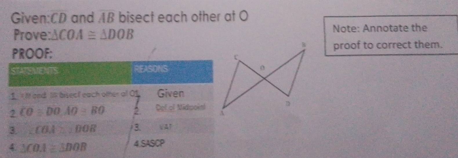 Given:CD and overline AB bisect each other at O
Prove: △ COA≌ △ DOB Note: Annotate the
proof to correct them.
PROOF: