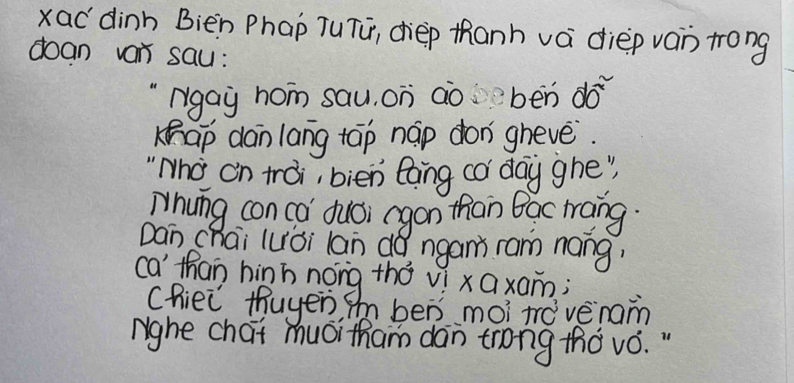 xad`dinh Bièn Phap Tu Tú, chep thanh vá diep ván trong 
doan van sau: 
"Ngay hon sau, on ao bēn do 
Khap dán lang tāp náp don gheve. 
"Who on trai, bien eoing có day ghe" 
Whyng con co duci rgon than Bac taing. 
Dan chai luái lan do ngans ram nong? 
ca than hinh nong thǒ vǐ xaxam; 
Chie thuyeris ben moi toveram 
nighe chat muoi tham dan trong thà vó. "