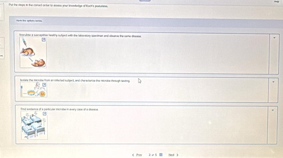 Heip
Put the steps in the correct order to assess your knowledge of Koch's postulates.
Rank the options below
Inoculate a susceptible healthy subject with the laboratory spectmen and observe the same disease.
Isolate the microbe from an infected subject, and characterize the microbe through testing.
.
Find evidence of a particular microbe in every case of a disease.
《 Prev 2 of 5 Nex >