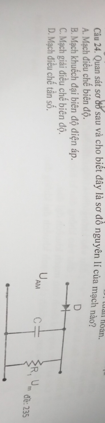 tuan hoan.
Câu 24. Quan sát sơ đồ sau và cho biết đây là sơ đồ nguyên lí của mạch nào?
A. Mạch điều chế biên độ.
B. Mạch khuếch đại biên độ điện áp.
C. Mạch giải điều chế biên độ.
D. Mạch điều chế tần số.