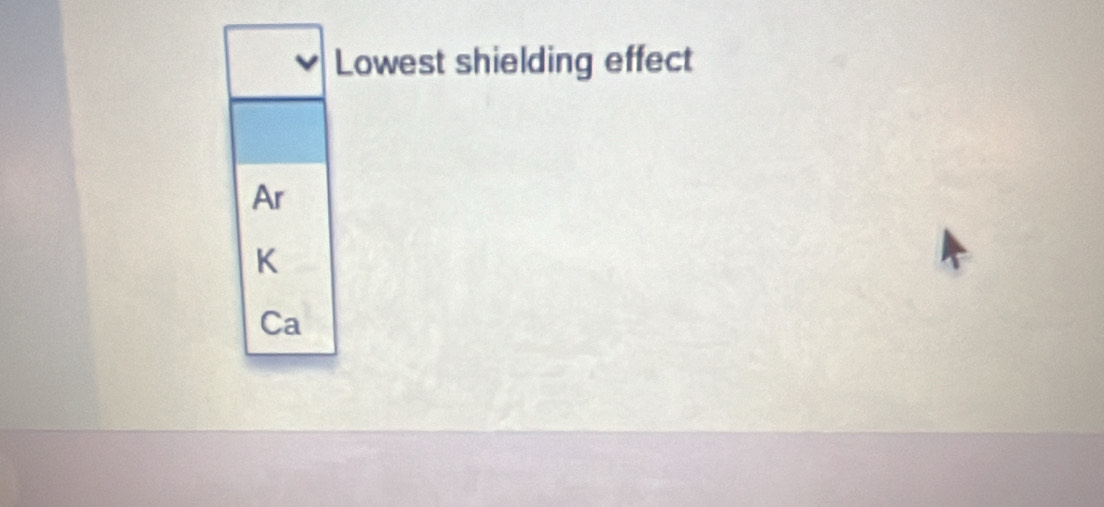 Lowest shielding effect
Ar
K
Ca