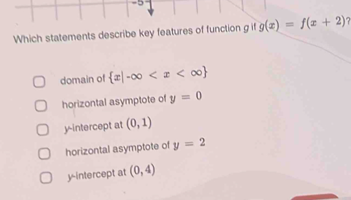 Which statements describe key features of function g if g(x)=f(x+2) ?
domain of  x|-∈fty
horizontal asymptote of y=0
y-intercept at (0,1)
horizontal asymptote of y=2
y-intercept at (0,4)