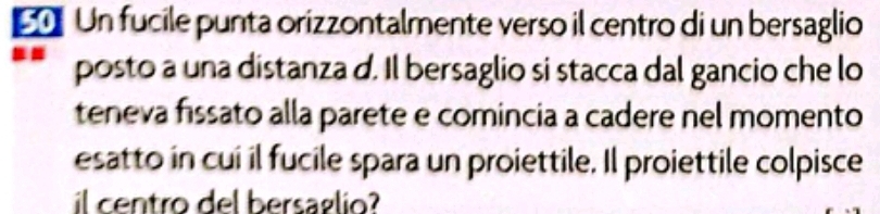 € Un fucile punta orizzontalmente verso il centro di un bersaglio 
posto a una distanza d. Il bersaglio si stacca dal gancio che lo 
teneva fissato alla parete e comincia a cadere nel momento 
esatto in cui il fucile spara un proiettile. Il proiettile colpisce 
il centro del bersaglio?