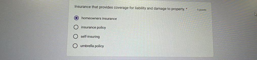 Insurance that provides coverage for liability and damage to property. * 5 points
homeowners insurance
insurance policy
self-insuring
umbrella policy