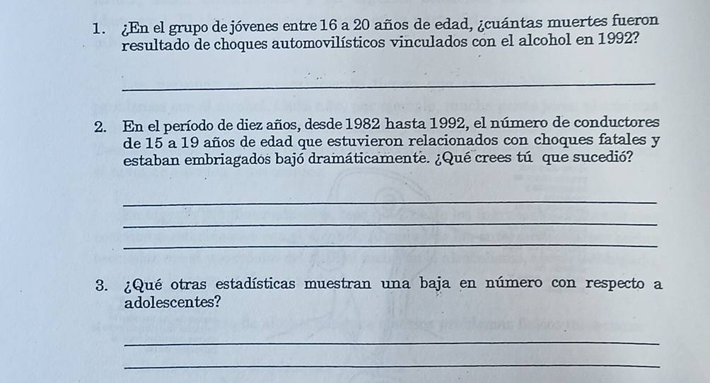 ¿En el grupo de jóvenes entre 16 a 20 años de edad, ¿cuántas muertes fueron 
resultado de choques automovilísticos vinculados con el alcohol en 1992? 
_ 
2. En el período de diez años, desde 1982 hasta 1992, el número de conductores 
de 15 a 19 años de edad que estuvieron relacionados con choques fatales y 
estaban embriagados bajó dramáticamente. ¿Qué crees tú que sucedió? 
_ 
_ 
_ 
3. ¿Qué otras estadísticas muestran una baja en número con respecto a 
adolescentes? 
_ 
_