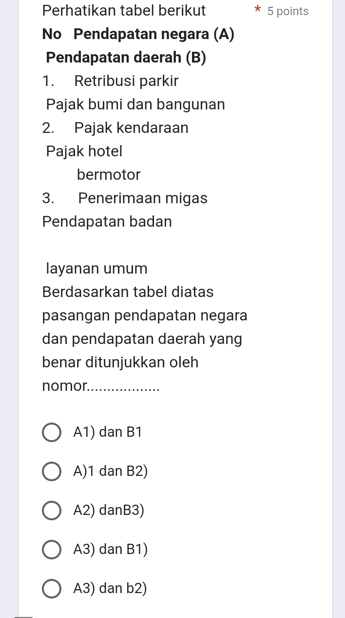 Perhatikan tabel berikut 5 points
No Pendapatan negara (A)
Pendapatan daerah (B)
1. Retribusi parkir
Pajak bumi dan bangunan
2. Pajak kendaraan
Pajak hotel
bermotor
3. Penerimaan migas
Pendapatan badan
layanan umum
Berdasarkan tabel diatas
pasangan pendapatan negara
dan pendapatan daerah yang
benar ditunjukkan oleh
nomor._
A1) dan B1
A) 1 dan B2)
A2) danB3)
A3) dan B1)
A3) dan b2)