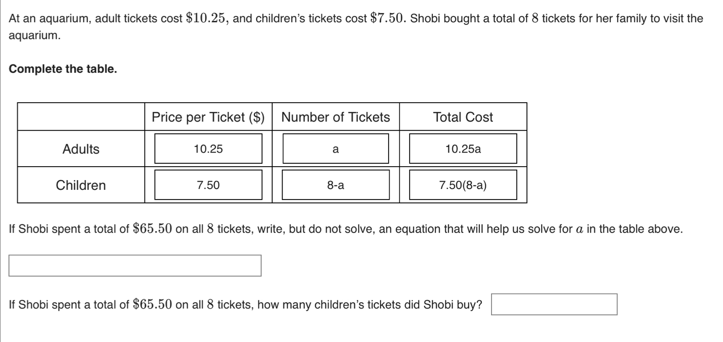 At an aquarium, adult tickets cost $10.25, and children's tickets cost $7.50. Shobi bought a total of 8 tickets for her family to visit the 
aquarium. 
Complete the table. 
If Shobi spent a total of $65.50 on all 8 tickets, write, but do not solve, an equation that will help us solve for á in the table above. 
□ (-x_ 
If Shobi spent a total of $65.50 on all 8 tickets, how many children's tickets did Shobi buy? □