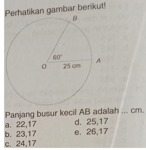 hatikan gambar berikut!
Panjang busur kecil AB adalah ... cm.
a. 22,17 d. 25,17
b.23,17 e. 26,17
c. 24,17