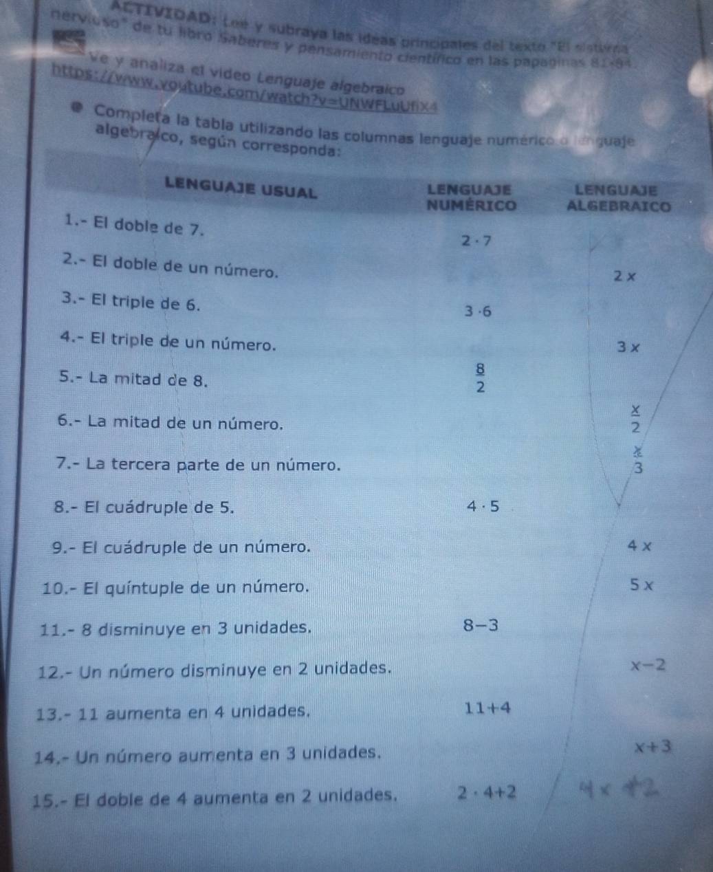 ACTIVIOAD: Leé y subraya las ideas principales del texto "El sisterna
nerviuso" de tu libro Saberes y pensamiento científico en las papaginas 81=84
Ve y analiza el video Lenguaje algebraico
https://www.voutube.com/watch?v=UNWFLuUfX4
Completa la tabla utilizando las column
algebralco,
1
1
1