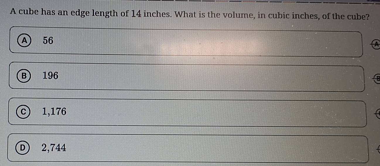 Risolto:A cube has an edge length of 14 inches. What is the volume, in ...