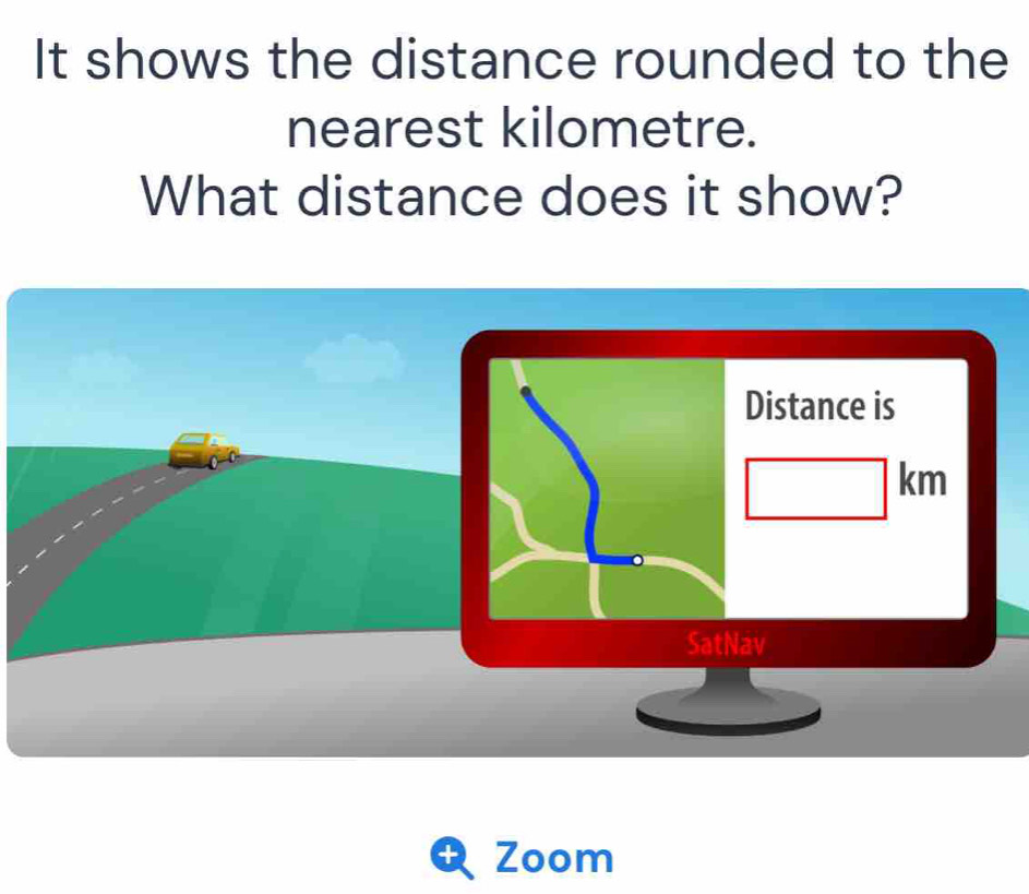 It shows the distance rounded to the 
nearest kilometre. 
What distance does it show? 
Distance is
km
SatNav 
Zoom