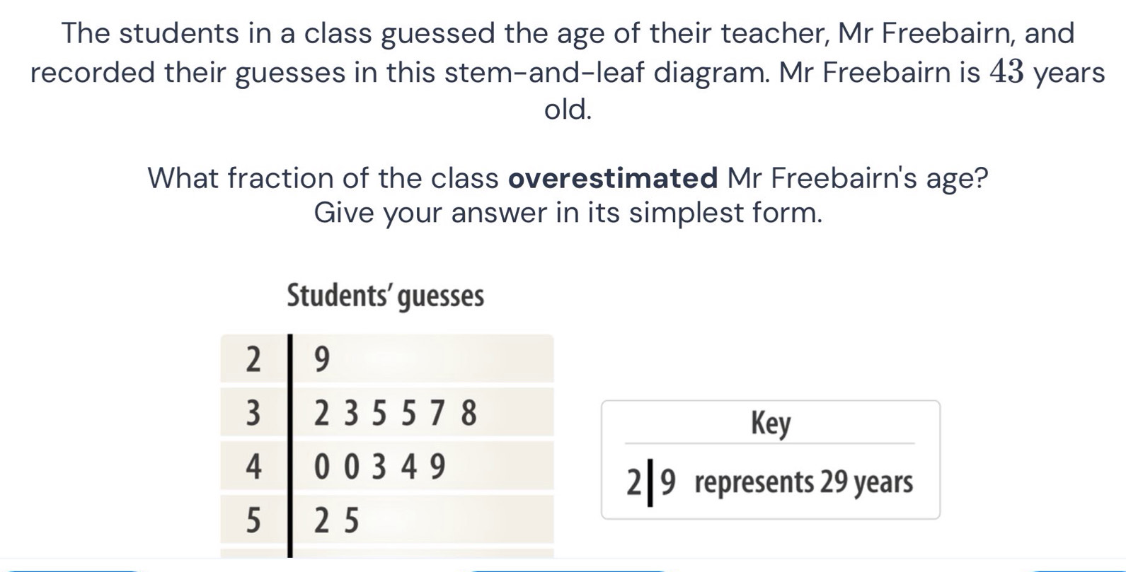 The students in a class guessed the age of their teacher, Mr Freebairn, and 
recorded their guesses in this stem-and-leaf diagram. Mr Freebairn is 43 years
old. 
What fraction of the class overestimated Mr Freebairn's age? 
Give your answer in its simplest form. 
Students' guesses 
Key 
2 ┃9 represents 29 years