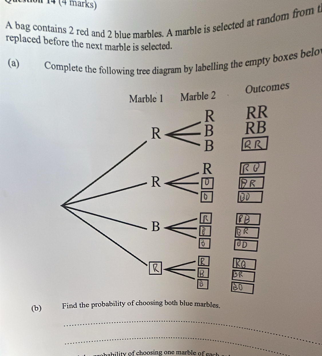 114 (4 marks) 
A bag contains 2 red and 2 blue marbles. A marble is selected at random from t 
replaced before the next marble is selected. 
(a) Complete the following tree diagram by labelling the empty boxes belo 
Marble 1 Marble 2 Outcomes 
RR 
RB 
(b)€£ Find the probability of choosing both blue marbles. 
_ 
_ 
sh a b ility of choosing one marble of eac .