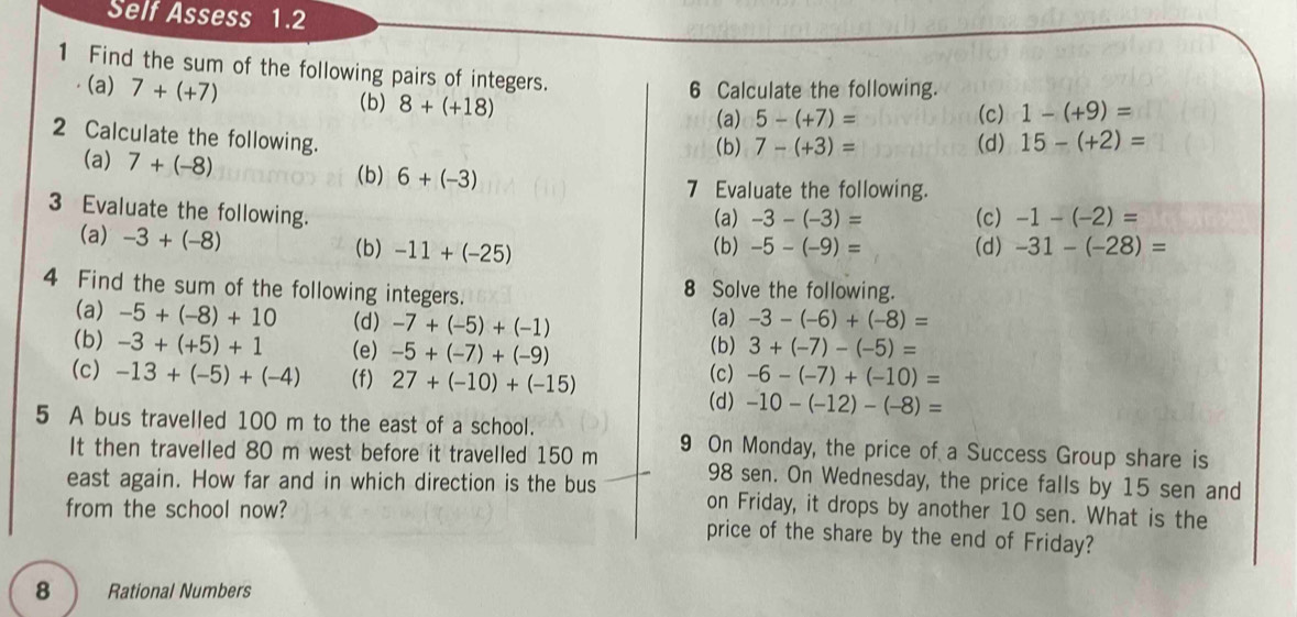 Self Assess 1.2 
1 Find the sum of the following pairs of integers. 
(a) 7+(+7) 6 Calculate the following. 
(b) 8+(+18) (c) 1-(+9)=
(a) 5-(+7)=
2 Calculate the following. 15-(+2)=
(b) 7-(+3)= (d) 
(a) 7+(-8) (b) 6+(-3)
7 Evaluate the following. 
3 Evaluate the following. (a) -3-(-3)= (c) -1-(-2)=
(a) -3+(-8)
(b) -11+(-25) (b) -5-(-9)= (d) -31-(-28)=
4 Find the sum of the following integers. 8 Solve the following. 
(a) -3-(-6)+(-8)=
(a) -5+(-8)+10 (d) -7+(-5)+(-1) (b) 
(b) -3+(+5)+1 (e) -5+(-7)+(-9) 3+(-7)-(-5)=
(c) -13+(-5)+(-4) (f) 27+(-10)+(-15) -6-(-7)+(-10)=
(c) 
(d) -10-(-12)-(-8)=
5 A bus travelled 100 m to the east of a school. 9 On Monday, the price of a Success Group share is 
It then travelled 80 m west before it travelled 150 m 98 sen. On Wednesday, the price falls by 15 sen and 
east again. How far and in which direction is the bus on Friday, it drops by another 10 sen. What is the 
from the school now? price of the share by the end of Friday? 
8 Rational Numbers