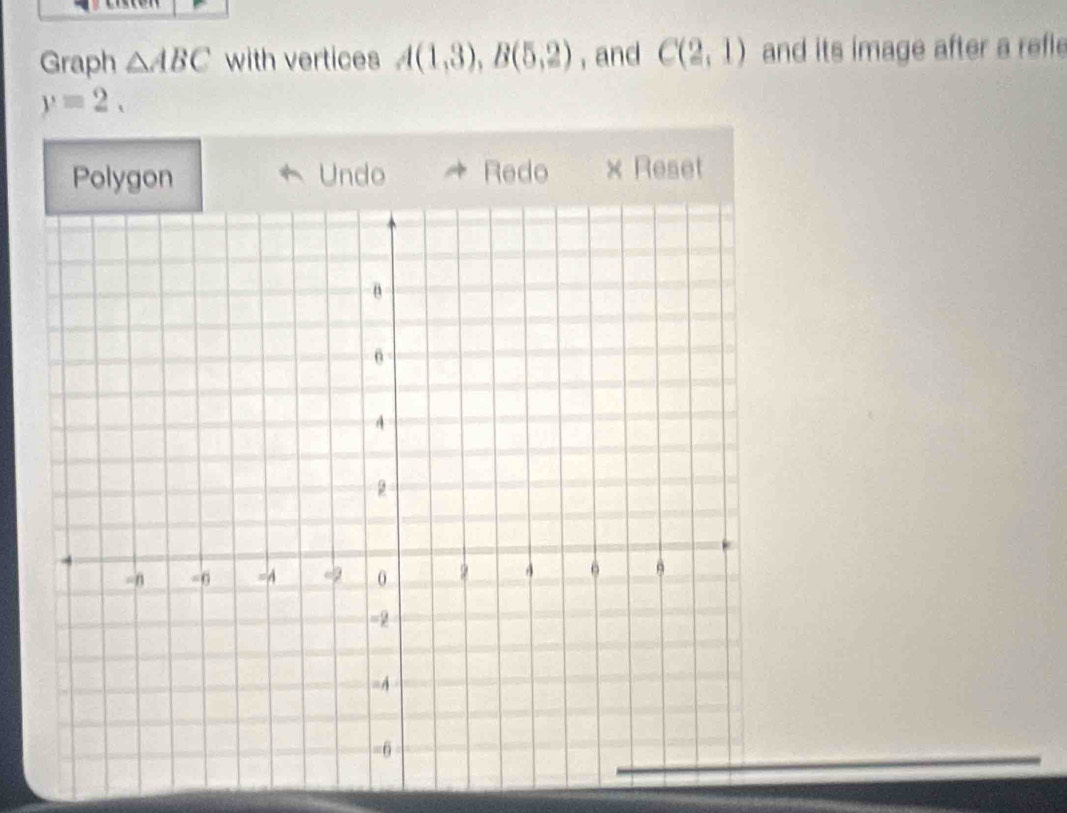 Graph △ ABC with vertices A(1,3), B(5,2) , and C(2,1) and its image after a refle
y=2. 
Polygon Undo Redo × Reset