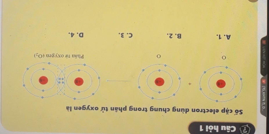 Câu hỏi 1

Số cặp electron dùng chung trong phân tử oxygen là
+
2
Phân tử oxygen (O_2)
A. 1. B. 2. C. 3. D. 4.