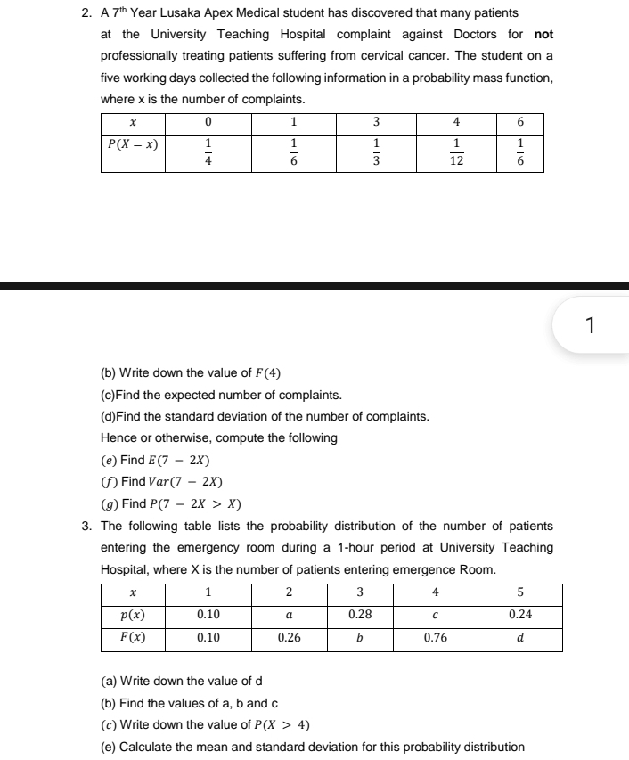 A 7^(th) Year Lusaka Apex Medical student has discovered that many patients
at the University Teaching Hospital complaint against Doctors for not
professionally treating patients suffering from cervical cancer. The student on a
five working days collected the following information in a probability mass function,
where x is the number of complaints.
1
(b) Write down the value of F(4)
(c)Find the expected number of complaints.
(d)Find the standard deviation of the number of complaints.
Hence or otherwise, compute the following
(e) Find E(7-2X)
(f) Find Var(7-2X)
(g) Find P(7-2X>X)
3. The following table lists the probability distribution of the number of patients
entering the emergency room during a 1-hour period at University Teaching
Hospital, where X is the number of patients entering emergence Room.
(a) Write down the value of d
(b) Find the values of a, b and c
(c) Write down the value of P(X>4)
(e) Calculate the mean and standard deviation for this probability distribution