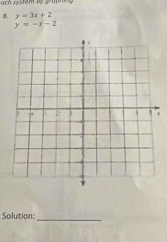 ach system by graphi .
8. y=3x+2
y=-x-2.
_
Solution: