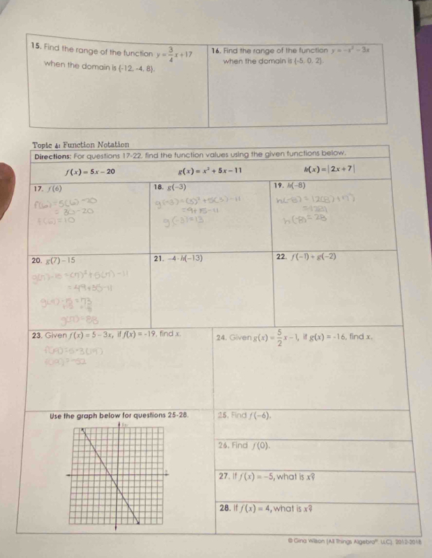 Find the range of the function y= 3/4 x+17 16. Find the range of the function y=-x^2-3x
when the domain is (-5,0,2).
when the domain is  -12,-4,8 ,
@ Gina Wilson (All Things Algebra'''. LLC), 2012-2018