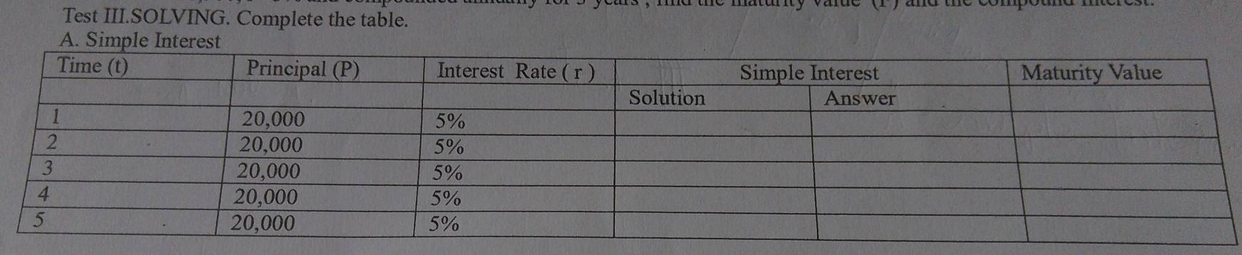 Test III.SOLVING. Complete the table.