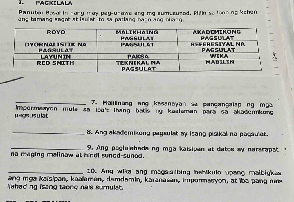 PAGKILALA 
Panuto: Basahin nang may pag-unawa ang mg sumusunod. Piliin sa loob ng kahon 
ang tamang sagot at isulat ito sa patlang bago ang bilang. 
_ 
_7. Malilinang angkasanayan sa pangangalap ng mga 
impormasyon mula sa iba't ibang batis ng kaalaman para sa akademikong 
pagsusulat 
_8. Ang akademikong pagsulat ay isang pisikal na pagsulat. 
_9. Ang paglalahada ng mga kaisipan at datos ay nararapat 
na maging malinaw at hindi sunod-sunod. 
_10. Ang wika ang magsisilbing behikulo upang maibigkas 
ang mga kaisipan, kaalaman, damdamin, karanasan, impormasyon, at iba pang nais 
ilahad ng isang taong nais sumulat.