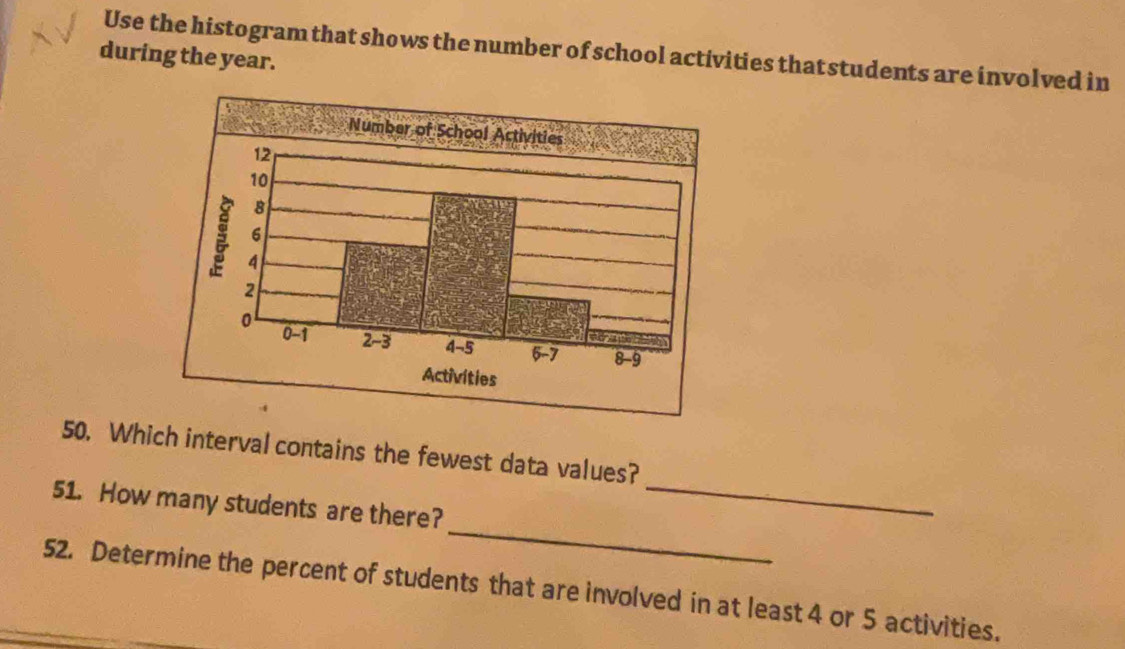 Use the histogram that shows the number of school activities thatstudents are involved in 
during the year. 
Number of School Activit 
Activities 
50. Which interval contains the fewest data values? 
_ 
51. How many students are there?_ 
52. Determine the percent of students that are involved in at least 4 or 5 activities.