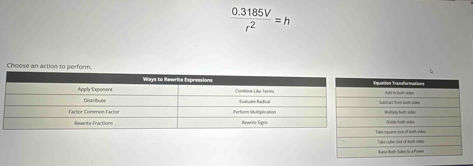  (0.3185V)/r^2 =h
Choose an action to perform.