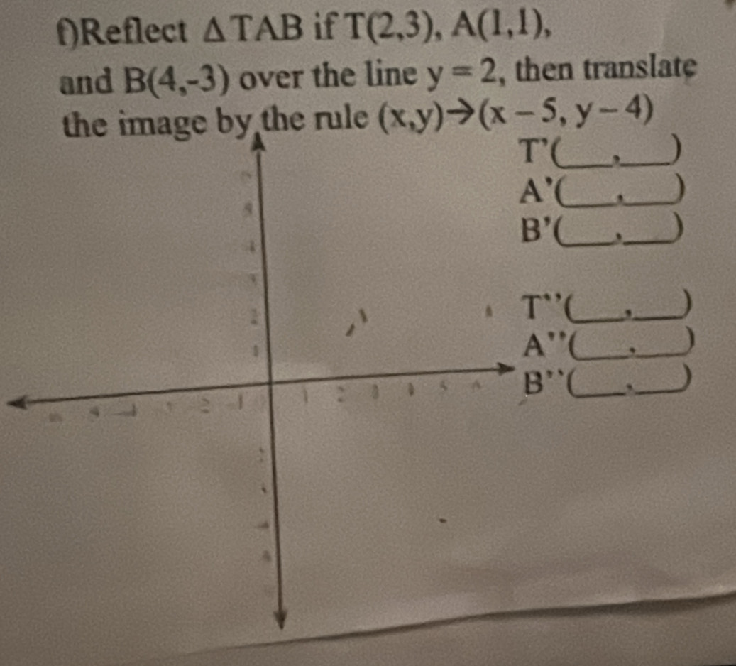 Reflect △ TAB if T(2,3),A(1,1),
and B(4,-3) over the line y=2 , then translate
the image by the rule (x,y)to (x-5,y-4)
_,_ )
_)
_)
_)
_、_ )
_._ )