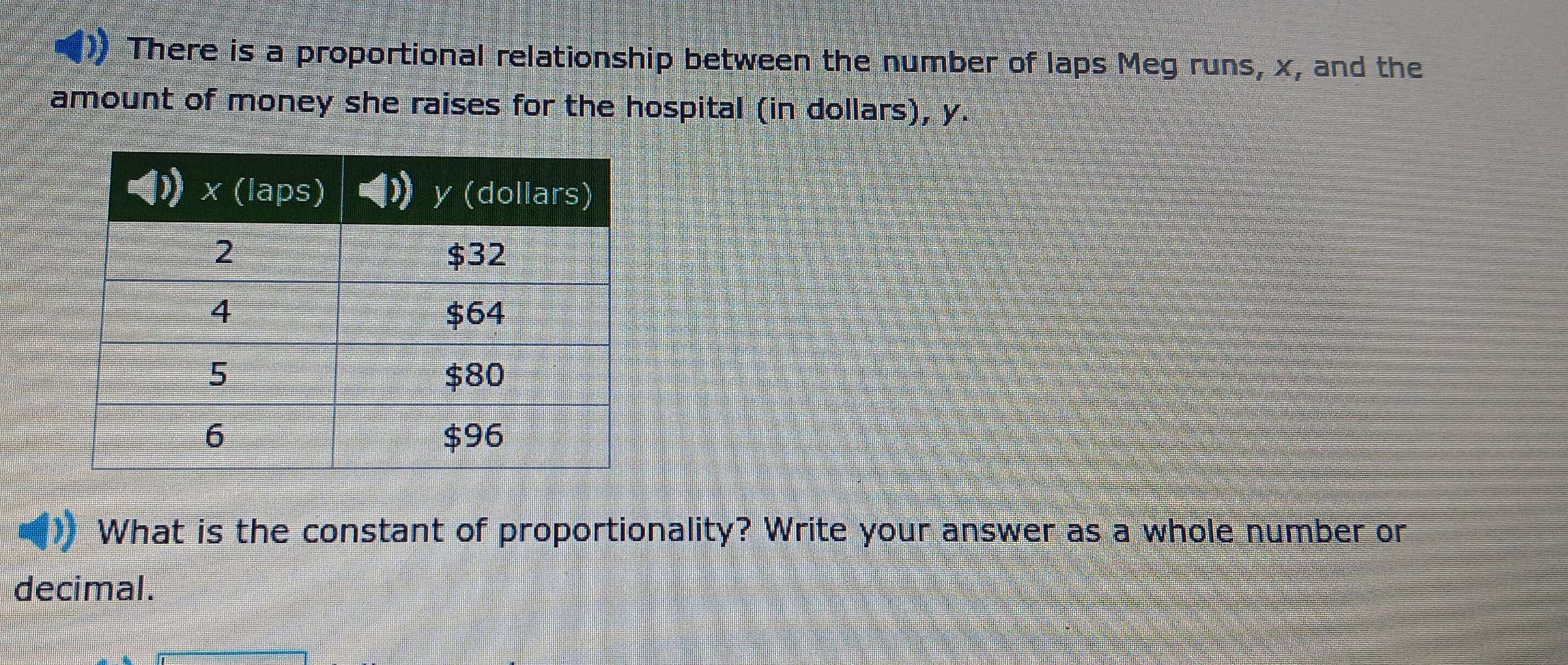 There is a proportional relationship between the number of laps Meg runs, x, and the 
amount of money she raises for the hospital (in dollars), y. 
What is the constant of proportionality? Write your answer as a whole number or 
decimal.