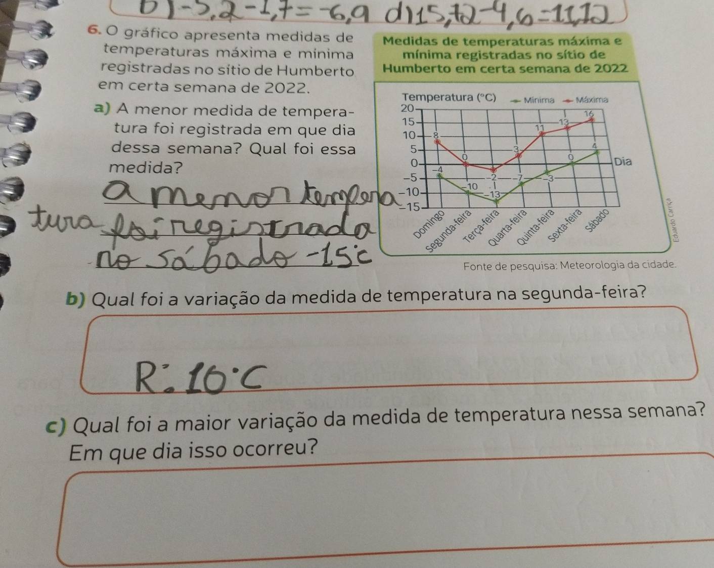 gráfico apresenta medidas de  Medidas de temperaturas máxima e
temperaturas máxima e mínima mínima registradas no sítio de
registradas no sítio de Humberto Humberto em certa semana de 2022
em certa semana de 2022.
a) A menor medida de tempera- 
tura foi registrada em que dia
dessa semana? Qual foi essa
medida?
_
_
_
Fonte de pesquisa: Meteorologia da cidade.
b) Qual foi a variação da medida de temperatura na segunda-feira?
c) Qual foi a maior variação da medida de temperatura nessa semana?
Em que dia isso ocorreu?