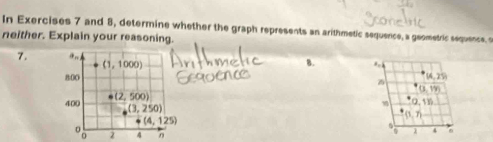 In Exercises 7 and 8, determine whether the graph represents an arithmetic sequence, a geometric sequence,o
neither. Explain your reasoning.
7. 
8.
 
2