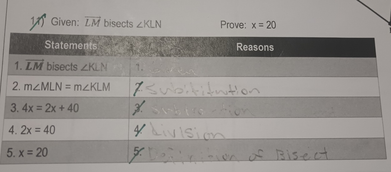 Given: vector LM bisects ∠ KLN Prove: x=20