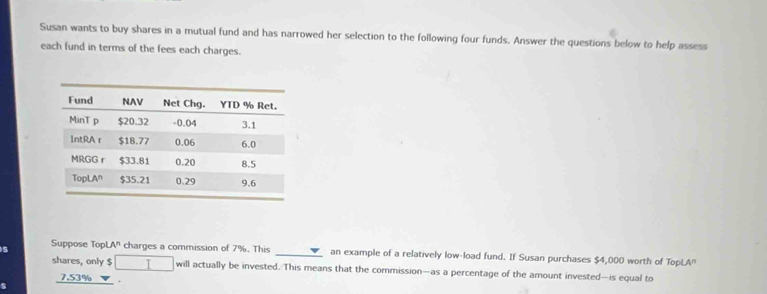 Susan wants to buy shares in a mutual fund and has narrowed her selection to the following four funds. Answer the questions below to help assess 
each fund in terms of the fees each charges. 
S Suppose TopL A^n charges a commission of 7%. This _an example of a relatively low-load fund. If Susan purchases $4,000 worth of TopLA" 
shares, only $ □ will actually be invested. This means that the commission—as a percentage of the amount invested—is equal to
7.53%.