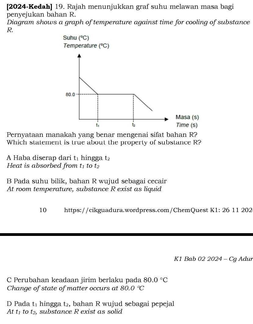 [2024-Kedah] 19. Rajah menunjukkan graf suhu melawan masa bagi
penyejukan bahan R.
Diagram shows a graph of temperature against time for cooling of substance
R.
Pernyataan manakah yang benar mengenai sifat bahan R?
Which statement is true about the property of substance R?
A Haba diserap dari t_1 hingga t₂
Heat is absorbed from t_1 to t_2
B Pada suhu bilik, bahan R wujud sebagai cecair
At room temperature, substance R exist as liquid
10 https://cikguadura.wordpress.com/ChemQuest K1: 26 11 202
K1 Bab 02 2024 - Cg Adur
C Perubahan keadaan jirim berlaku pada 80.0°C
Change of state of matter occurs at 80.0°C
D Pada t hingga t_2 , bahan R wujud sebagai pepejal
At t_1 to t₂, substance R exist as solid