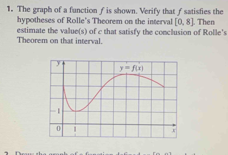 The graph of a function f is shown. Verify that f satisfies the
hypotheses of Rolle’s Theorem on the interval [0,8]. Then
estimate the value(s) of c that satisfy the conclusion of Rolle’s
Theorem on that interval.