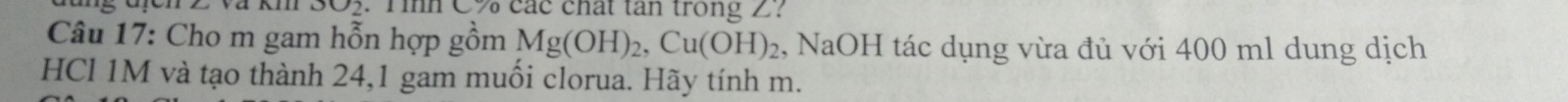 Tình C% các chất tan trong Z? 
Câu 17: Cho m gam hỗn hợp gồm Mg(OH)_2, Cu(OH)_2 , NaOH tác dụng vừa đủ với 400 ml dung dịch 
HCl 1M và tạo thành 24,1 gam muối clorua. Hãy tính m.