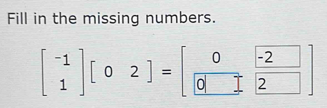 Fill in the missing numbers.
beginbmatrix -1 1endbmatrix beginbmatrix 02endbmatrix =beginbmatrix 0&-2 0&□ &2endbmatrix