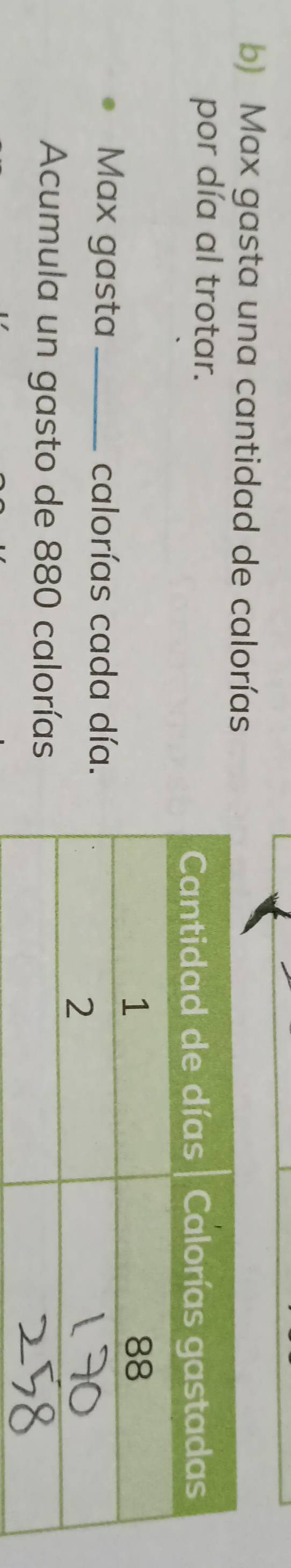Max gasta una cantidad de calorías 
por día al trotar. 
Max gasta _calorías cada día. 
Acumula un gasto de 880 calorías