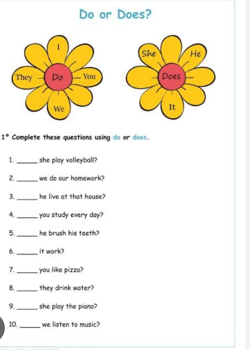 Do or Does? 
1° Complete these questions using do or does. 
1. _she play volleyball? 
2._ we do our homework? 
3._ he live at that house? 
4._ you study every day? 
5._ he brush his teeth? 
6._ it work? 
7._ you like pizza? 
8._ they drink water? 
9._ she play the piano? 
10. _we listen to music?