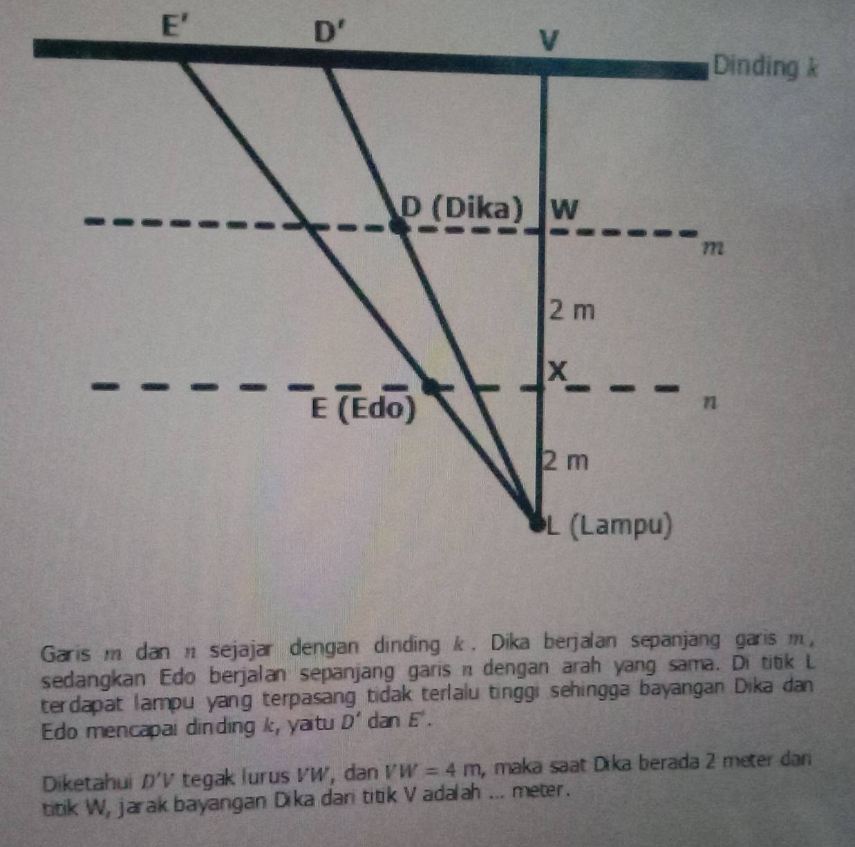 E'
D'
V
Dinding k
D (Dika) W
m
2 m
X
E (Edo)
n
2 m
(Lampu) 
Garis m dan n sejajar dengan dinding k. Dika berjalan sepanjang garis m, 
sedangkan Edo berjalan sepanjang garis n dengan arah yang sama. Di titik L
terdapat lampu yang terpasang tidak terlalu tinggi sehingga bayangan Dika dan 
Edo mencapai dinding k, yaitu D' dan E'. 
Diketahui D'V tegak lurus VW, dan VW=4m , maka saat Dīka berada 2 meter dar 
titik W, jarak bayangan Dika dan titik V adalah ... meter.