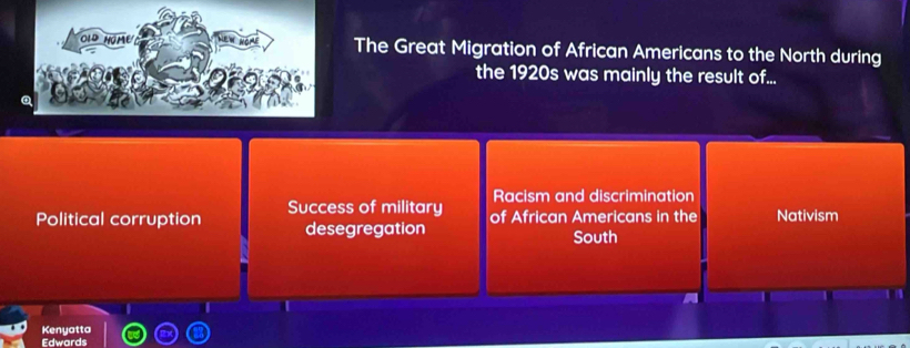 The Great Migration of African Americans to the North during
the 1920s was mainly the result of...
Racism and discrimination
Political corruption Success of military of African Americans in the Nativism
desegregation South
Kenyatta
Edwards