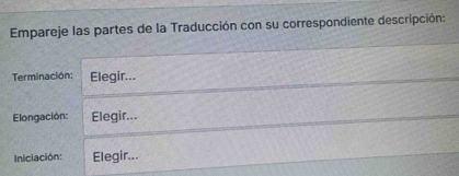 Empareje las partes de la Traducción con su correspondiente descripción: 
Terminación: Elegir... 
Elongación: Elegir... 
Iniciación: Elegir...