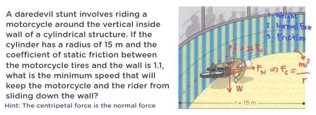 A daredevil stunt involves riding a
motorcycle around the vertical inside
wall of a cylindrical structure. If the
cylinder has a radius of 15 m and the
coefficient of static friction between
the motorcycle tires and the wall is 1.1,
what is the minimum speed that will
keep the motorcycle and the rider from
sliding down the wall?
Hint: The centripetal force is the normal force