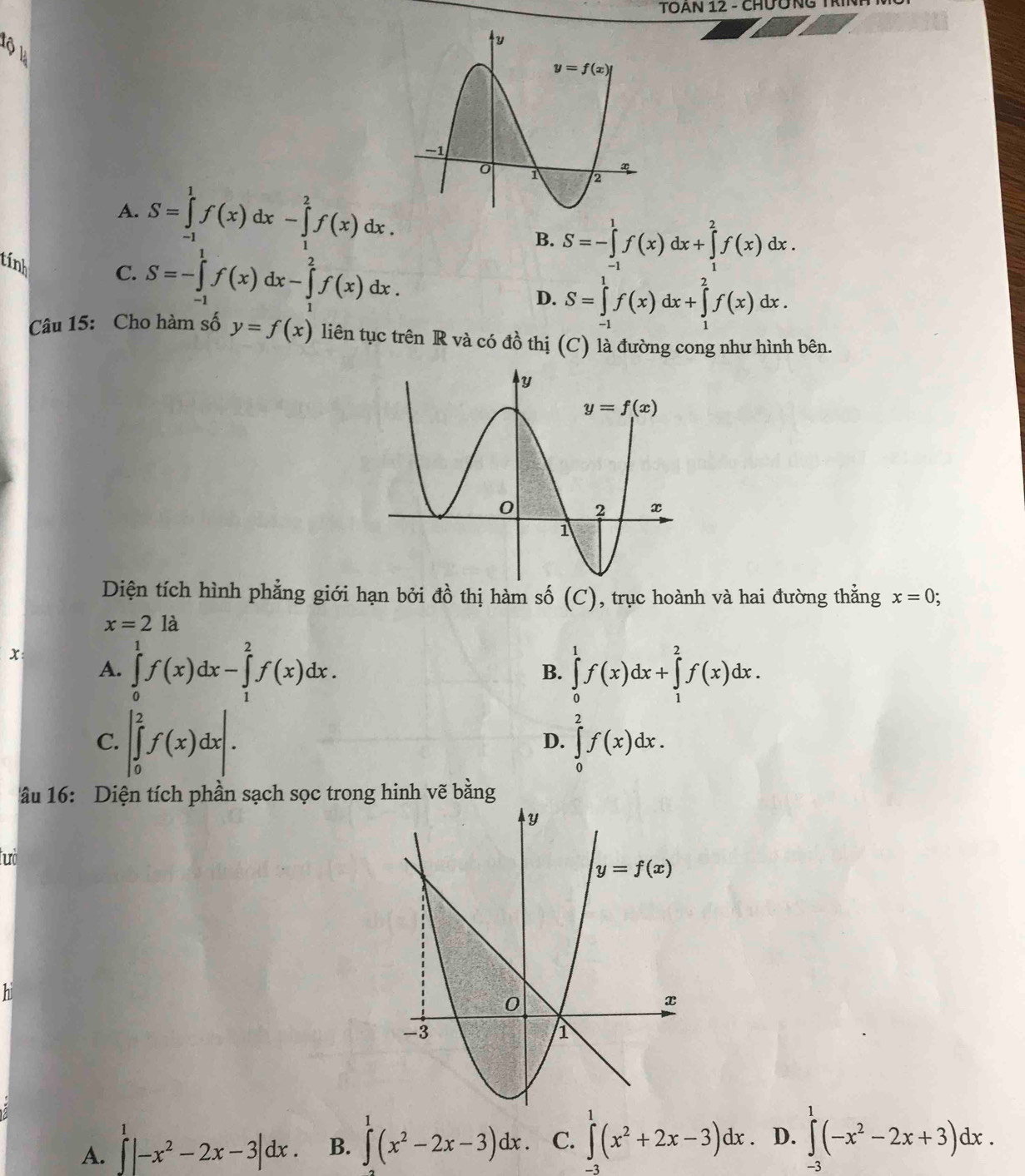 TOAN 12 - CHƯÔNG TR
A. S=∈tlimits _(-1)^1f(x)dx-∈tlimits _1^(2f(x)dx. S=-∈tlimits _(-1)^1f(x)dx+∈tlimits _1^2f(x)dx.
tính
C. S=-∈tlimits _(-1)^1f(x)dx-∈tlimits _1^2f(x)dx.
B.
D. S=∈tlimits _(-1)^1f(x)dx+∈tlimits _1^2f(x)dx.
Câu 15: Cho hàm số y=f(x) liên tục trên R và có đồ thị (C) là đường cong như hình bên.
Diện tích hình phẳng giới hạn bởi đồ thị hàm số (C) , trục hoành và hai đường thắng x=0;
x=2la
x
A. ∈tlimits _0^1f(x)dx-∈tlimits _1^2f(x)dx. ∈tlimits _0^1f(x)dx+∈tlimits _1^2f(x)dx.
B.
C. |∈tlimits _0^2f(x)dx|. ∈tlimits _0^2f(x)dx.
D.
âu 16: Diện tích phần sạch sọc trong hinh vẽ bằng
tưở
h
A. ∈t |-x^2)-2x-3|dx B. ∈t^1(x^2-2x-3)dx C. ∈tlimits^1(x^2+2x-3)dx. D. ∈tlimits^1(-x^2-2x+3)dx.
−3