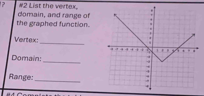 ? #2 List the vertex,
8
domain, and range of
7
6
the graphed function.
5
4
3
_ 
Vertex:
2
1
-B -7 -5 -5 -4 -] -2 1 2 3 4 s 6 7 8
_ 
Domain:
-2
-3
-4
-5
Range:_ 
. 6
-7
-8
#4 Cor