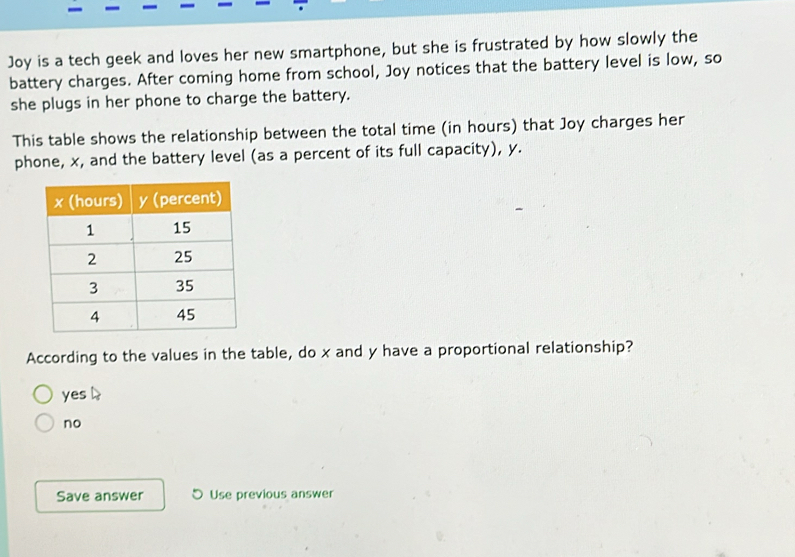 Joy is a tech geek and loves her new smartphone, but she is frustrated by how slowly the
battery charges. After coming home from school, Joy notices that the battery level is low, so
she plugs in her phone to charge the battery.
This table shows the relationship between the total time (in hours) that Joy charges her
phone, x, and the battery level (as a percent of its full capacity), y.
According to the values in the table, do x and y have a proportional relationship?
yes
no
Save answer Use previous answer