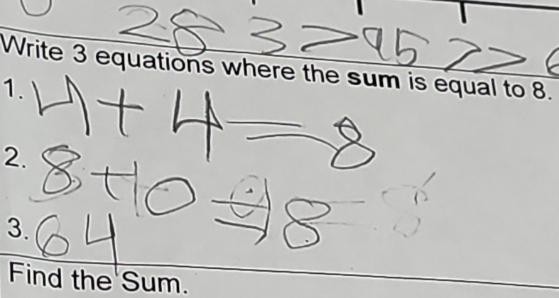 Write 3 equations where the sum is equal to 8. 
1. 
2. 
3. 
Find the Sum.